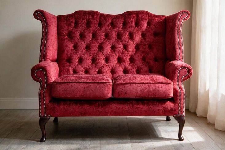 Chesterfield 2 Seater Queen Anne High Back Wing Sofa Chair Nuovo Claret Fabric
