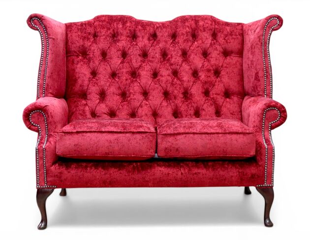 Chesterfield 2 Seater Queen Anne High Back Wing Sofa Chair Nuovo Claret Fabric