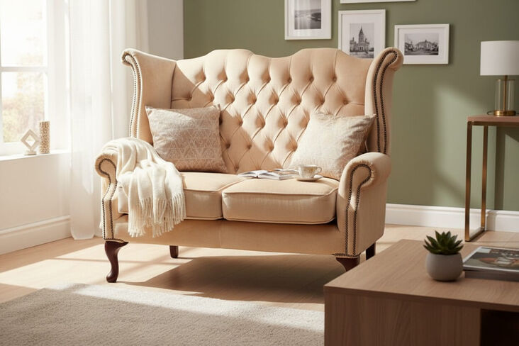 Chesterfield 2 Seater Queen Anne High Back Wing Sofa Chair Velluto Vanilla Fabric