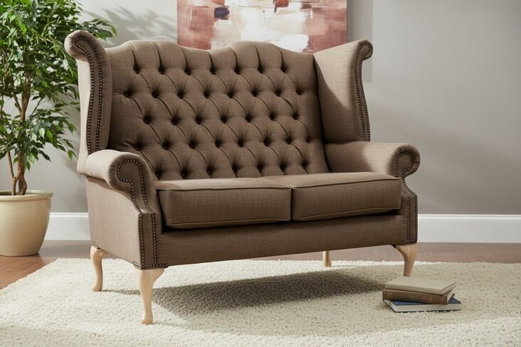 Chesterfield 2 Seater Queen Anne High Back Wing Sofa Charles Coffee Linen Fabric