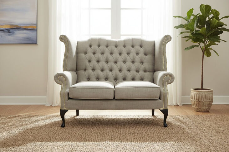 Chesterfield 2 Seater Queen Anne High Back Wing Sofa Charles Fudge Linen Fabric