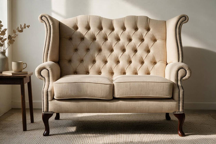 Chesterfield 2 Seater Queen Anne High Back Wing Sofa Charles Mink Linen Fabric