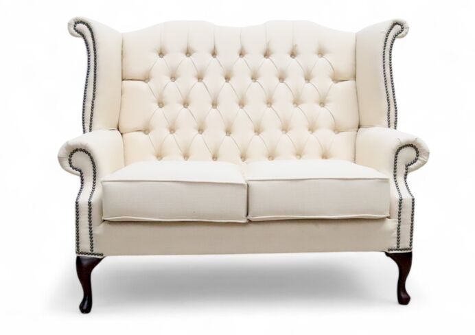 Chesterfield 2 Seater Queen Anne High Back Wing Sofa Charles Pearl Linen Fabric