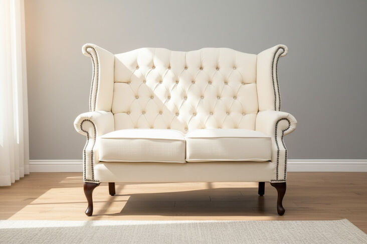 Chesterfield 2 Seater Queen Anne High Back Wing Sofa Charles Pearl Linen Fabric