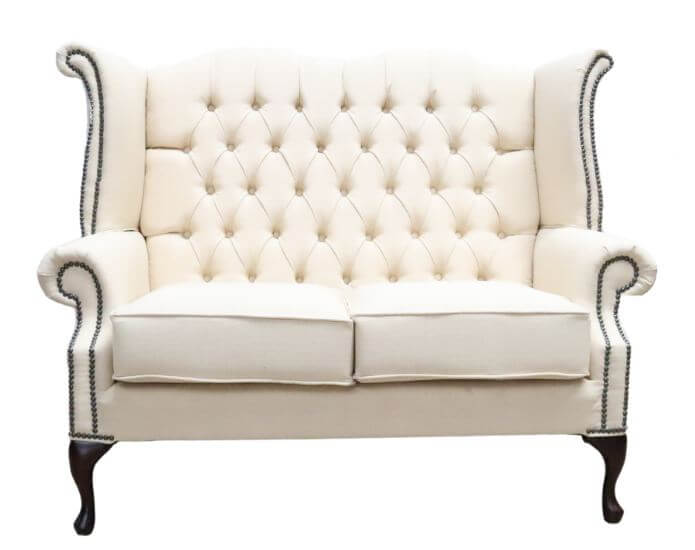 Chesterfield 2 Seater Queen Anne High Back Wing Sofa Charles Pearl Linen Fabric. Fudge