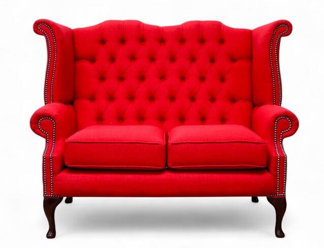 Chesterfield 2 Seater Queen Anne High Back Wing Sofa Charles Ruby Linen Fabric