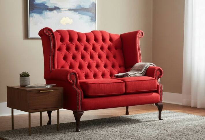 Chesterfield 2 Seater Queen Anne High Back Wing Sofa Charles Ruby Linen Fabric