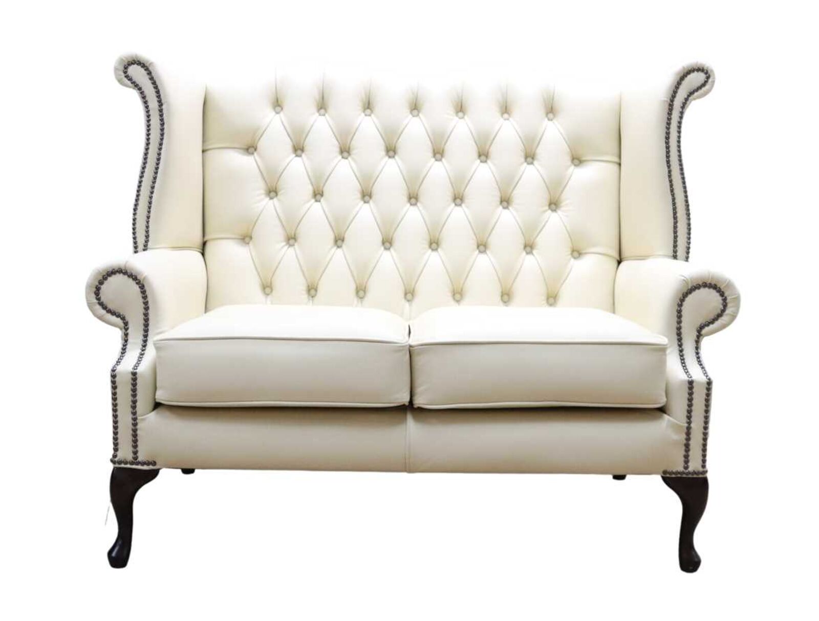 Product photograph of Chesterfield 2 Seater Queen Anne High Back Wing Sofa Cream Leather from Designer Sofas 4U