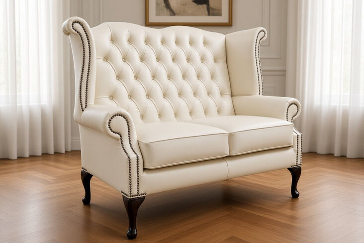Chesterfield 2 Seater Queen Anne High Back Wing Sofa Cream Leather