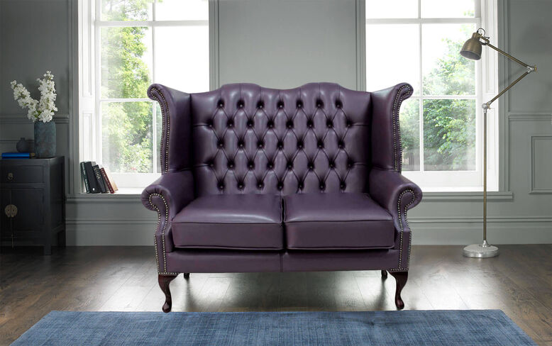 Chesterfield 2 Seater Queen Anne High Back Wing Sofa Hemmingway Blueberry Leather
