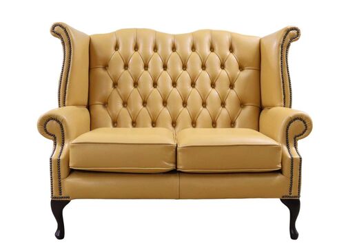Chesterfield 2 Seater Queen Anne High Back Wing Sofa Hemmingway Mustard Seed Leather