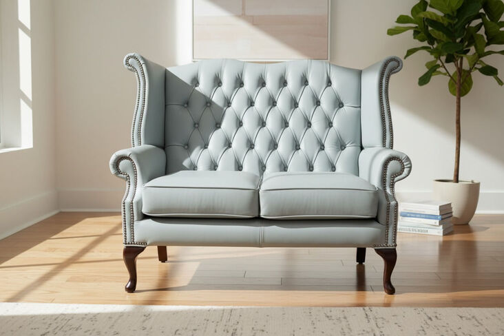 Chesterfield 2 Seater Queen Anne High Back Wing Sofa Moon Mist Grey Leather