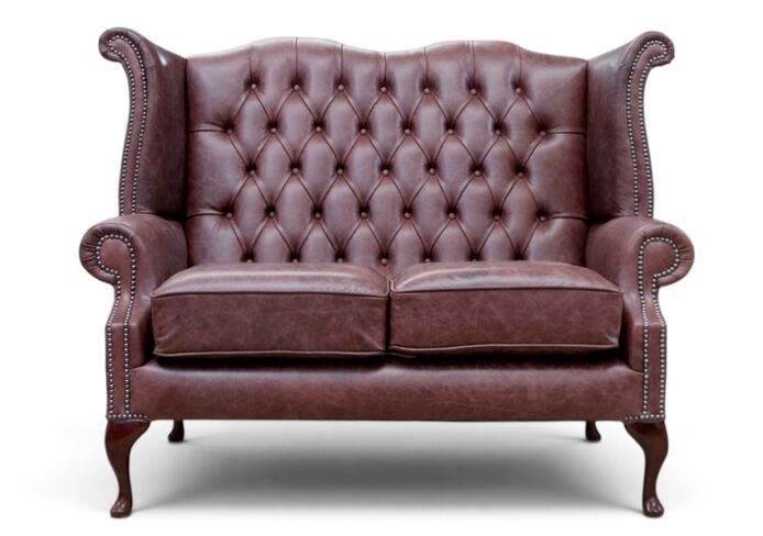 Chesterfield 2 Seater Queen Anne High Back Wing Sofa Old English Brown Leather