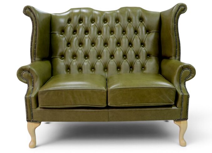 Chesterfield 2 Seater Queen Anne High Back Wing Sofa Old English Olive Green Leather