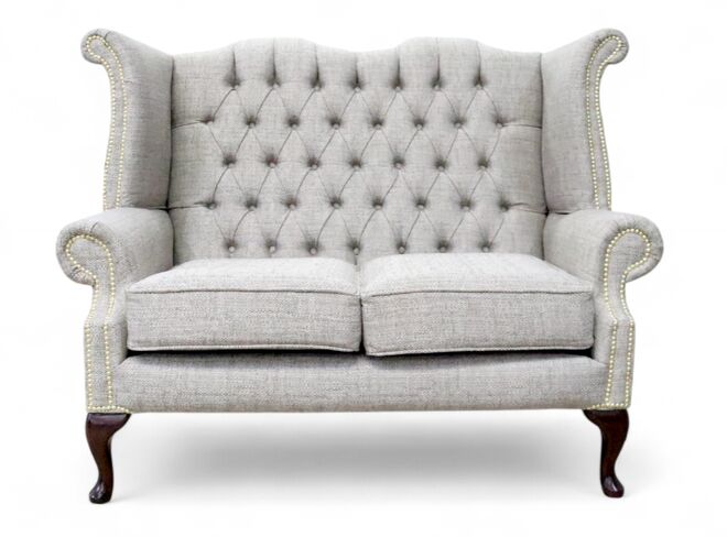 Chesterfield 2 Seater Queen Anne High Back Wing Sofa Paris Coffee Fabric