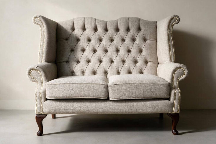 Chesterfield 2 Seater Queen Anne High Back Wing Sofa Paris Coffee Fabric