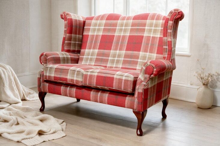 Chesterfield 2 Seater Saxon Tartan Queen Anne High Back Wing Sofa Chair Balmoral Red