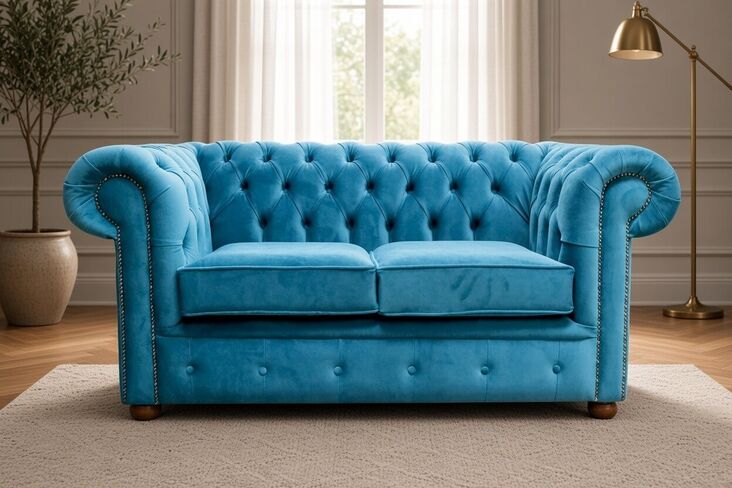Chesterfield 2 Seater Settee Amalfi Peacock Blue Velvet Sofa Offer
