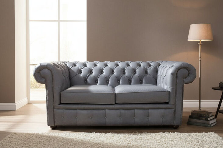 Chesterfield 2 Seater Settee Cracked Wax Ash Grey Leather Sofa