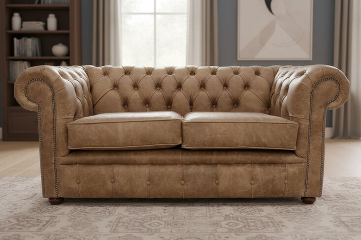 Chesterfield 2 Seater Settee Cracked Wax Tan Leather Sofa