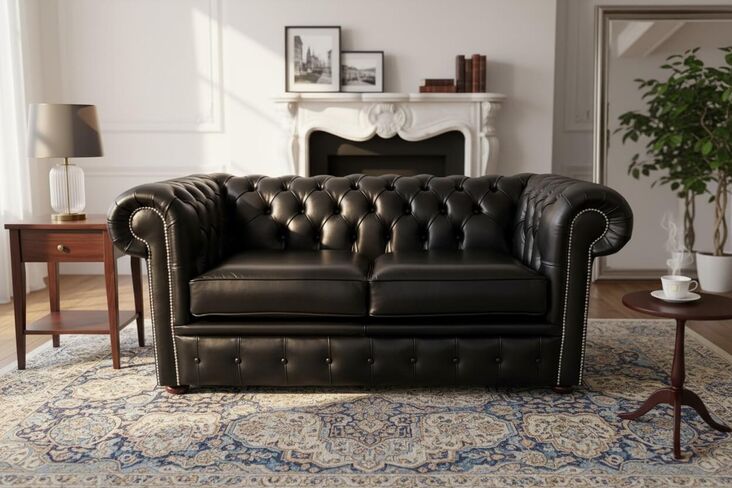 Chesterfield 2 Seater Settee Heritage Black Leather Sofa
