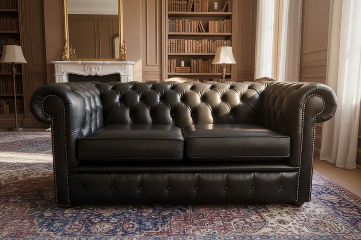 Chesterfield 2 Seater Settee Old English Black Leather Sofa