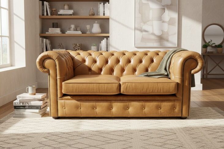 Chesterfield 2 Seater Settee Old English Buckskin Leather Sofa
