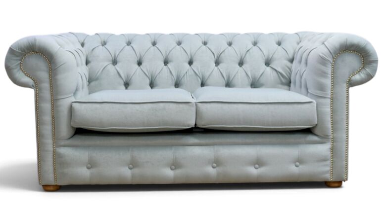 Chesterfield 2 Seater Settee Pimlico Duck Egg Blue Fabric Sofa Offer