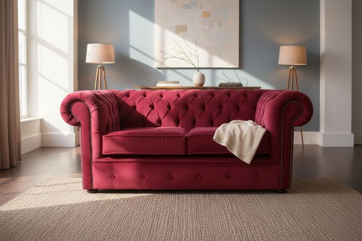Chesterfield 2 Seater Settee Pimlico Wine Fabric Sofa Offer