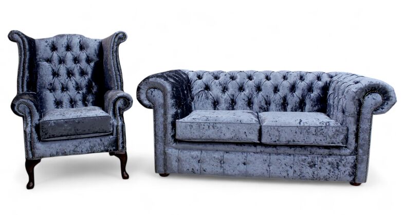 Chesterfield 2 Seater Settee + Queen Anne Armchair Senso Dusk Velvet Sofa Offer