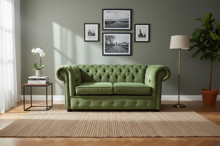 Chesterfield 2 Seater Settee Sage Green Fabric Sofa Offer