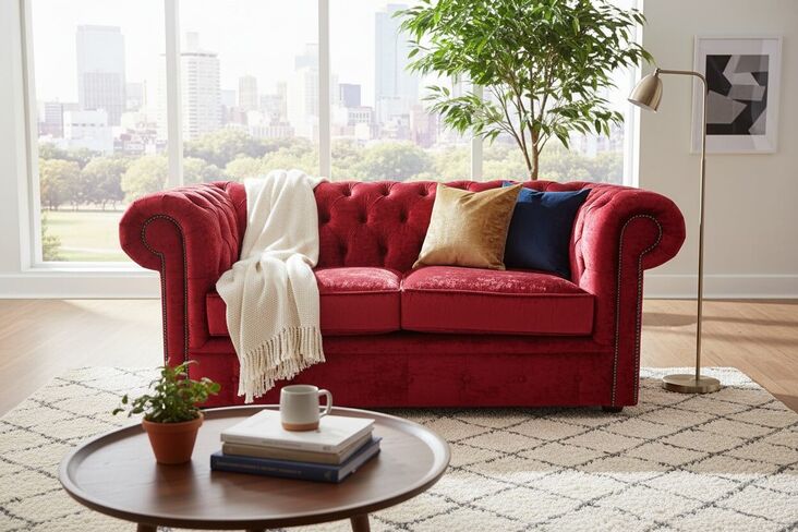 Chesterfield 2 Seater Settee Shimmer Red Velvet Sofa Offer