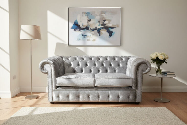 Chesterfield 2 Seater Settee Shimmer Silver Velvet Sofa Offer