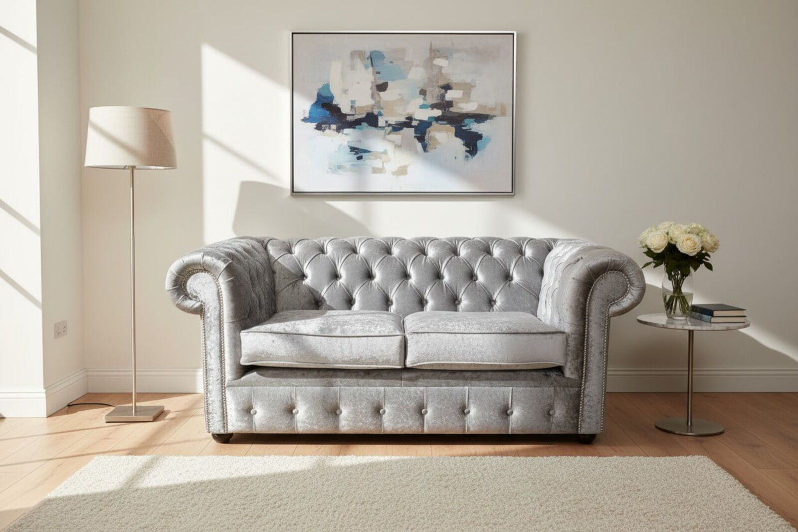 Chesterfield 2 Seater Settee Shimmer Silver Velvet Sofa Offer