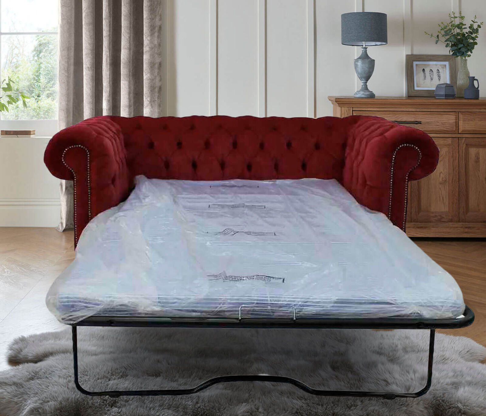Product photograph of Best Pull Out Sofa Bed Double In Chesterfield Pimlico Wine Red Fabric from Designer Sofas 4U