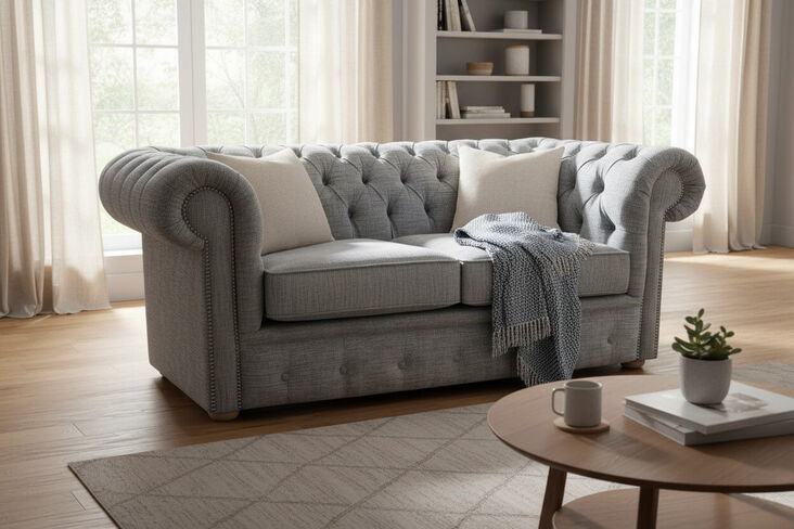 Chesterfield 2 Seater Settee Vita Silver Fabric Sofa Offer