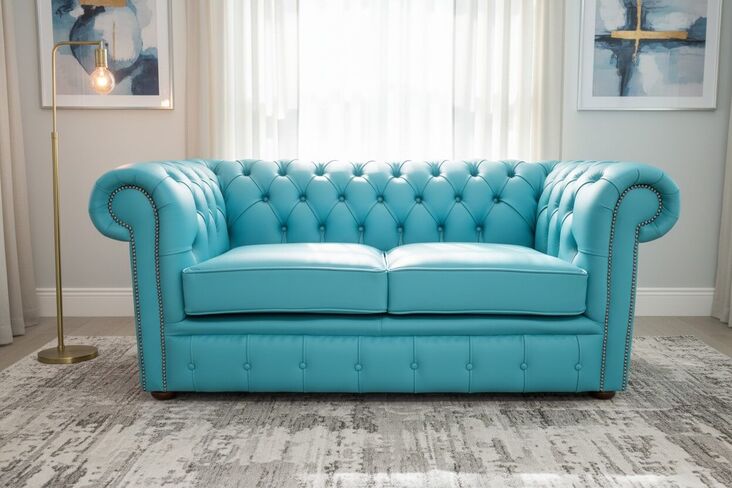 Chesterfield 2 Seater Shelly Dark Teal Blue Leather Sofa Offer