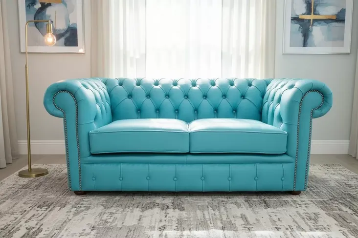 Chesterfield 2 Seater Shelly Dark Teal Blue Leather Sofa Offer
