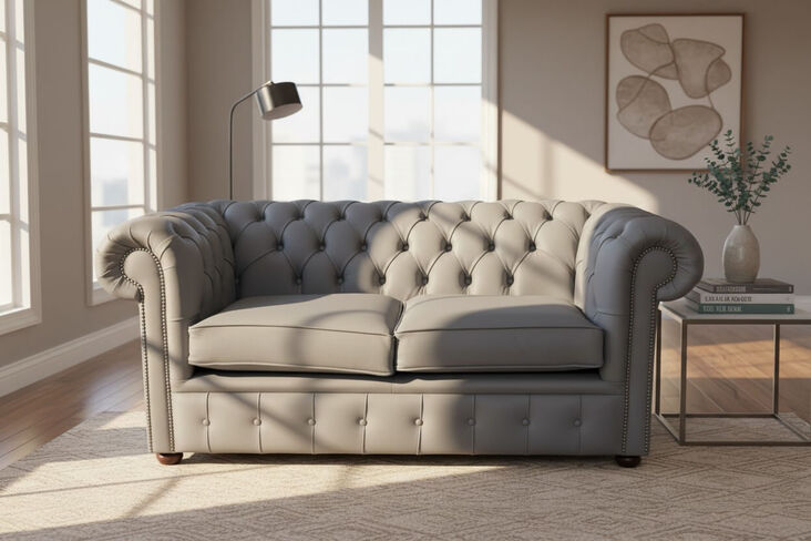Chesterfield 2 Seater Shelly Piping Grey Leather Sofa Offer