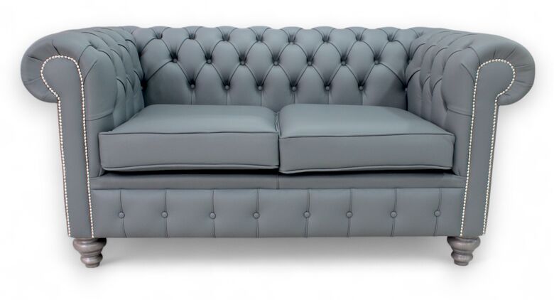 Chesterfield 2 Seater Shelly Piping Grey Leather Sofa Offer Grey Feet