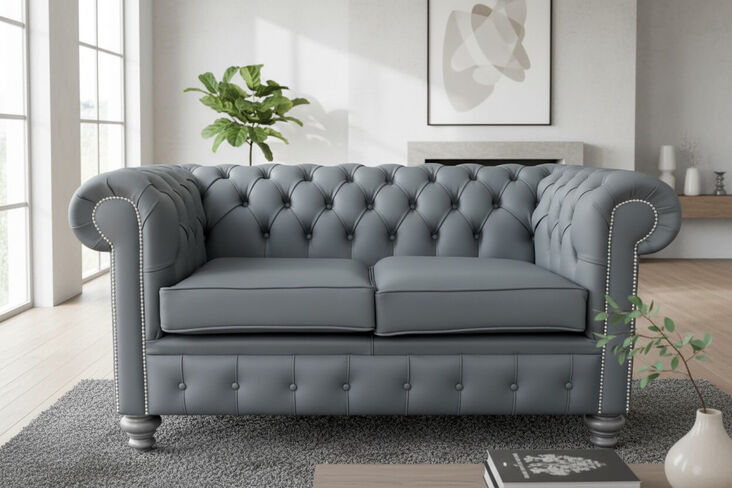 Chesterfield 2 Seater Shelly Piping Grey Leather Sofa Offer Grey Feet
