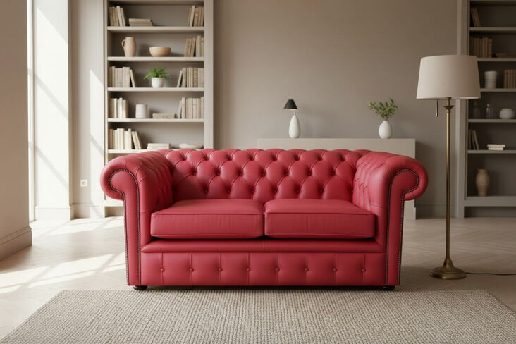 Chesterfield 2 Seater Shelly Poppy Red Leather Sofa Offer