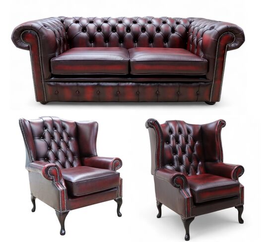 Chesterfield 2 Seater Sofa + 1 x Mallory Wing Chair + 1 x Queen Anne Wing Chair Leather Sofa Suite Offer Antique Oxblood