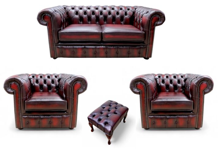 Chesterfield 2 Seater Sofa + 2 x Club Chairs + Footstool Leather Sofa Suite Offer Antique Oxblood