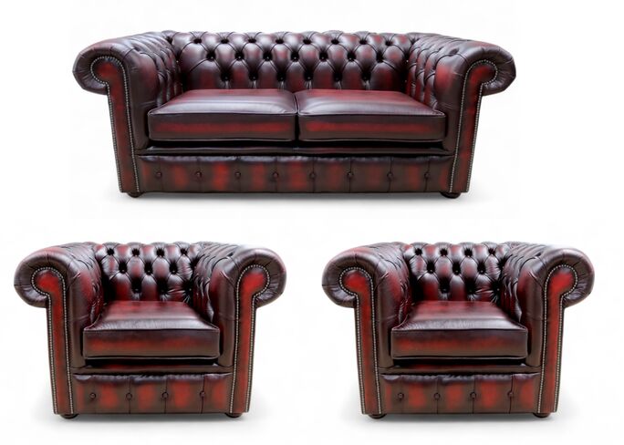 Chesterfield 2 Seater Sofa + 2 x Club Chairs Leather Sofa Suite Offer Antique Oxblood