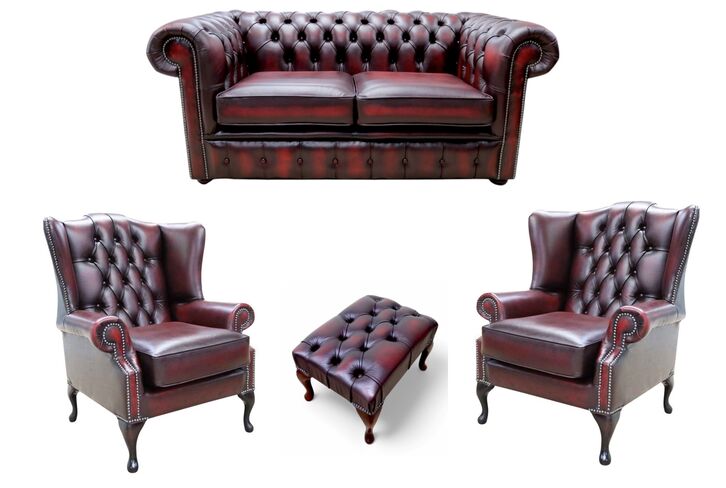 Chesterfield 2 Seater Sofa + 2 x Mallory Wing Chair + Footstool Leather Sofa Suite Offer Antique Oxblood