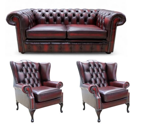 Chesterfield 2 Seater Sofa + 2 x Mallory Wing Chairs Leather Sofa Suite Offer Antique Oxblood
