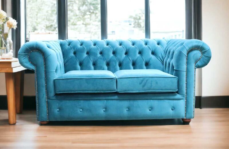 Product photograph of Chesterfield 2 Seater Settee Amalfi Peacock Blue Velvet Sofa Offer from Designer Sofas 4U