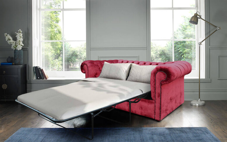 Chesterfield 2 Seater Settee Sofa Bed Modena Pillarbox Red Velvet Fabric