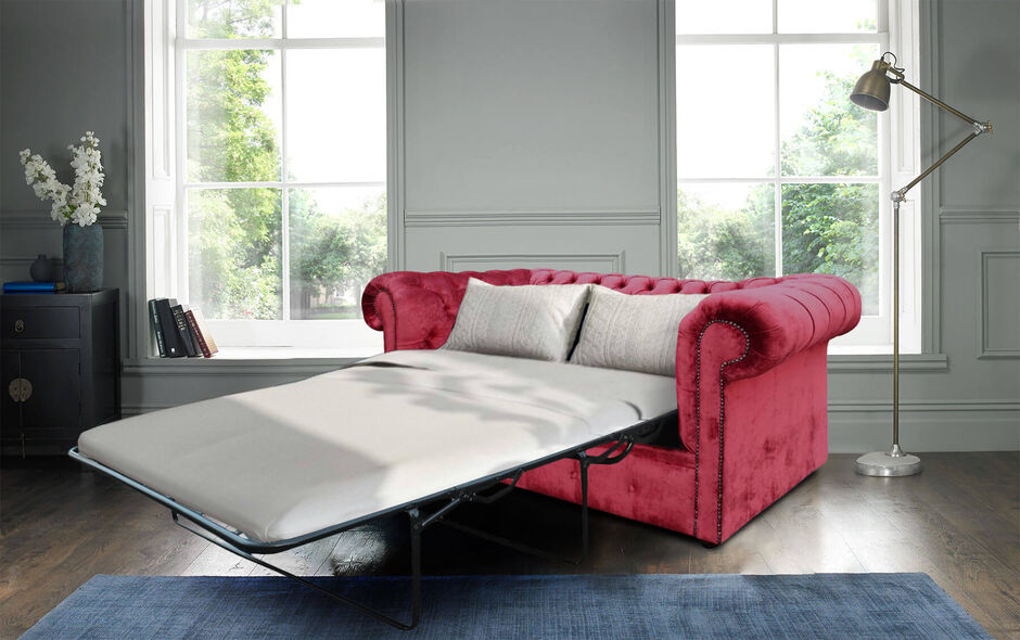 Red Velvet Fabric Chesterfield Sofa Bed, Red Velvet Chesterfield Sofa Bed